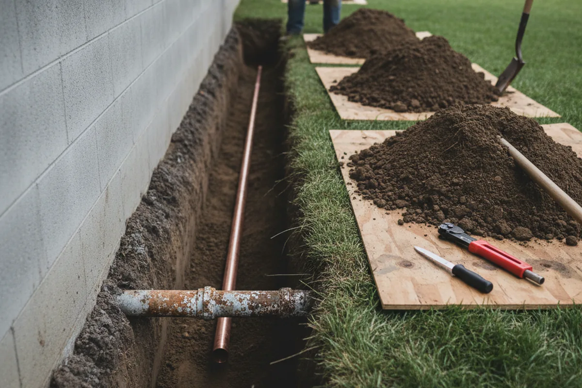 Excavated water line trench during Sewer Line Repair in Mooresville